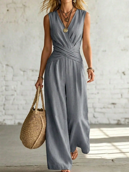 Fashion Light Blue Wide Leg Pants Jumpsuit Women's V-neck Sleeveless Cross Wrap Waist Design Rompers Summer Casual Jumpsuits