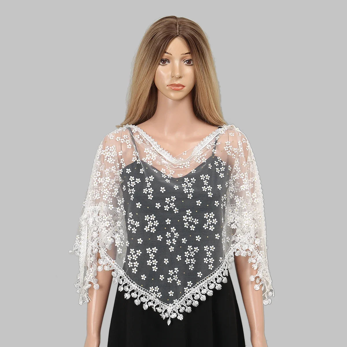 1 PCS Elegant Lace Pearl Tassel Shawl Women Scarf Fashion Printed Floral Wrap Summer Sun Protection Shawl