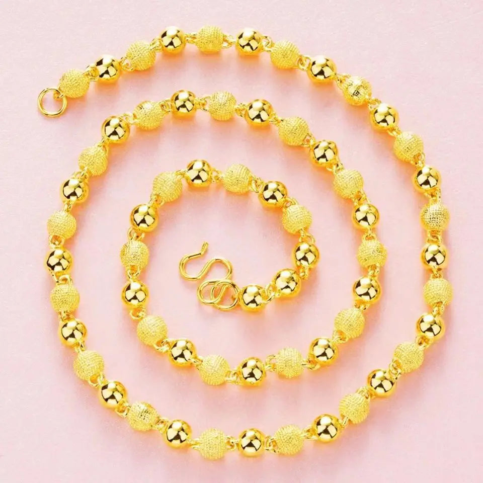 Unisex 24K Gold (AU999) 6mm Matte Sandblasted Bead Necklace | Liquid metal beads, gold-inlaid clasp with minimalist symbols