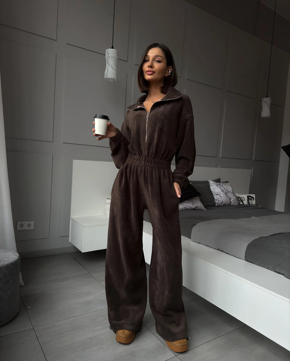 FSMG Casual Long Sleeve Half-Zip Sports Jumpsuits Women's Solid Loose Lapel Elastic Waist Tracksuits Comfy One-Piece Lounge Set