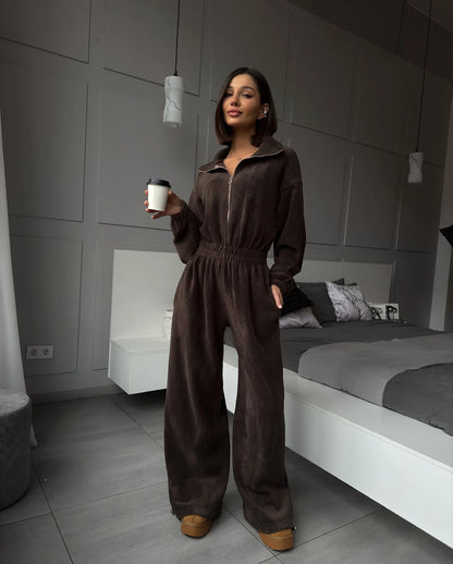 FSMG Casual Long Sleeve Half-Zip Sports Jumpsuits Women's Solid Loose Lapel Elastic Waist Tracksuits Comfy One-Piece Lounge Set