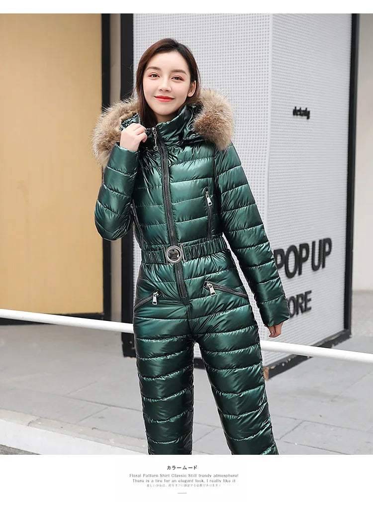 Jumpsuits One Piece Ski Suit Winter Thicken Snow Place Down Cotton Women Suits Warm Hooded Waist Slim Shiny Outdoor Sports