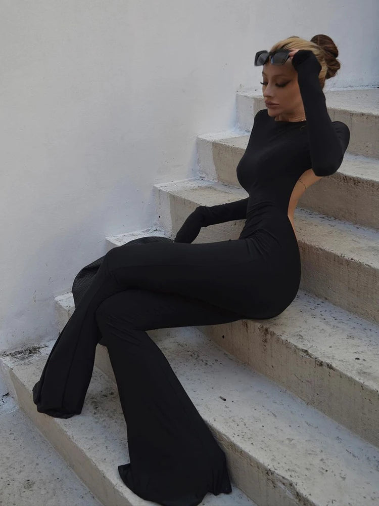 SIsterlinda Solid Sexy Backless Bodycon Wide Leg Jumpsuit Women Autumn Casual Slim Long Sleeve O-Neck Playsuit Lady Streetwear