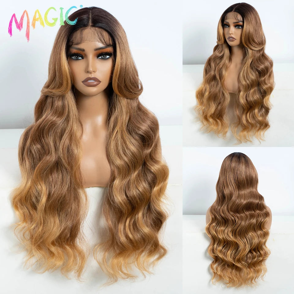 Magic Synthetic Lace Front Wigs For Women 30" Long Body Wave Lace Wig Ombre Blonde Highlight Cosplay Wigs Heat Resistant
