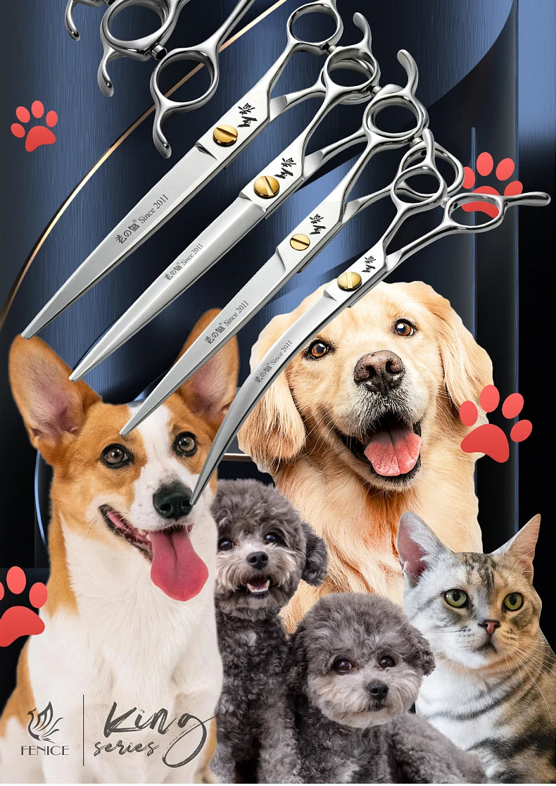 Fenice King Series VG10 Steel 7/7.5/8 Inch Professional Pet Dogs Grooming Scissors Straight Curved Thinnier Chunker Shears Tools