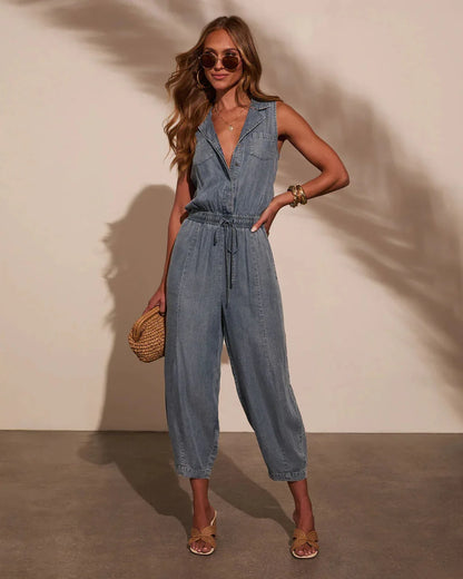 Women Jumpsuits Sleeveless Denim Pants One Piece Drawstring Pockets Rompers Solid Spliced Casual Button Jeans Overalls
