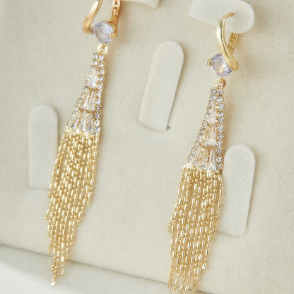 Luxury Cubic Zirconia Long Tassel Golden Earrings for Women Exquisite Water Drop Earring Wedding Party Valentine's Day Gifts