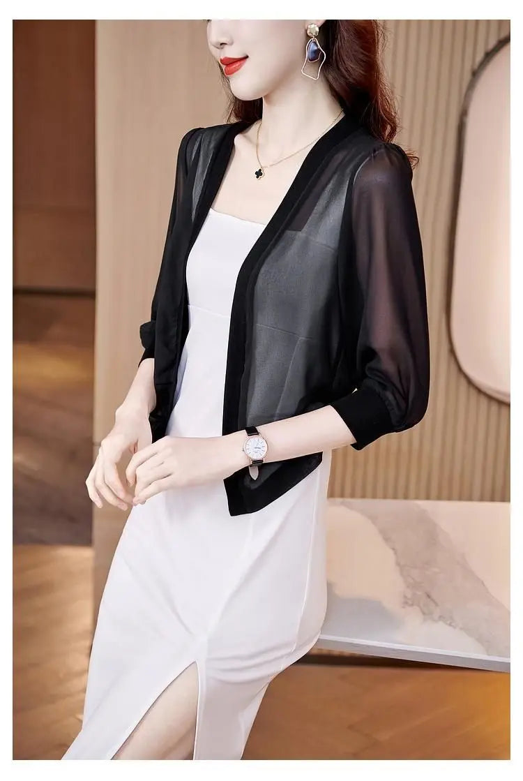 Chic Spring Summer Women Cardigan Sunscreen Chiffon Coat Shirt Vintage Thin Tops Short Jackets Design Shawl New