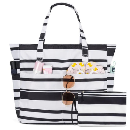 Kabaqoo Women's Large Capacity Beach Tote Bag Oxford Cloth Waterproof Striped Travel Bags Multi-pocket Foldable Top-Handle Bags