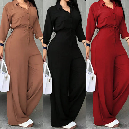 Jumpsuits for Women New Long Sleeve Turn Down Collar Lace-up Wide-leg Women Jumpsuit Monos Mujer Casual Verano
