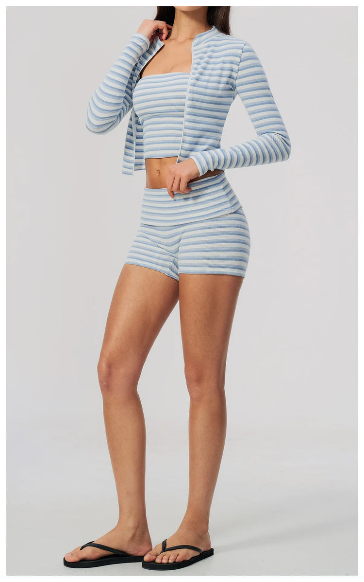 Women 2/3pcs Yoga Set Gym Clothing Fitness Suit Workout Tracksuit Outfits Ribbed Striped Strapless Tube Top Zipper Long Sleeve