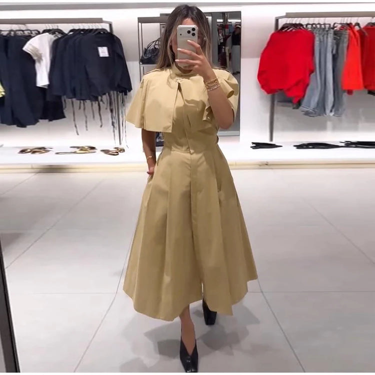 Women's Trench Style Midi Dress Stand Collar Cape Overlay Short Sleeve Belted Waist A‑Line Dresses Autumn Elegant Office Outfits
