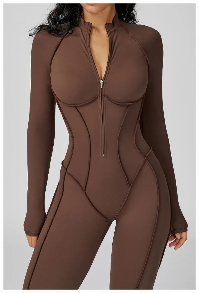 Women's New Sports Bodysuits Fitness Jumpsuit Slim Zipper Neck Sexy Splice Elasticity Jumpsuit Female Gym One Piece Sportswear