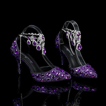 2024 Autumn Slim Heels Shallow Mouth Luxury Blue Water Diamond Pearl Women Single Shoes 9CM Wedding Party Shoes Sandalias Mujer