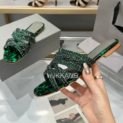 Summer New Luxury Rhinestone Decor Flat Slippers Women's Open Toe Hollow Out Casual Sandals Outdoor Vacation Beach Shoes 2024