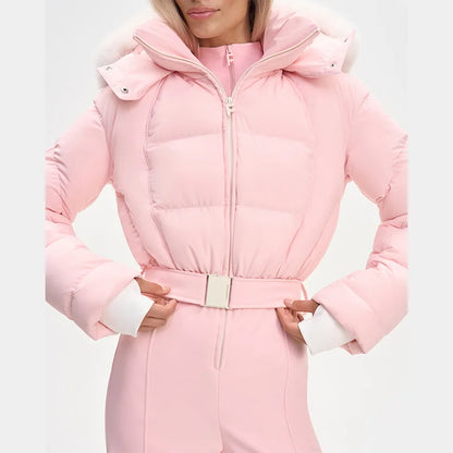 Thicken One-piece Ski Suit Women Faux Fur Hooded Tassels Coat High Waist Belt Jumpsuit 2025 Winter Windproof Waterproof Skiwears