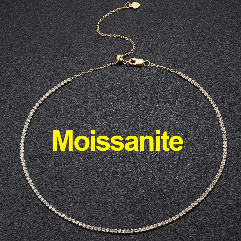 2mm Moissanite Tennis Necklace For Women S925 Silver Plated 18K Gold Sparking Rhinestone Choker Chain Wedding Jewelry Adjustable