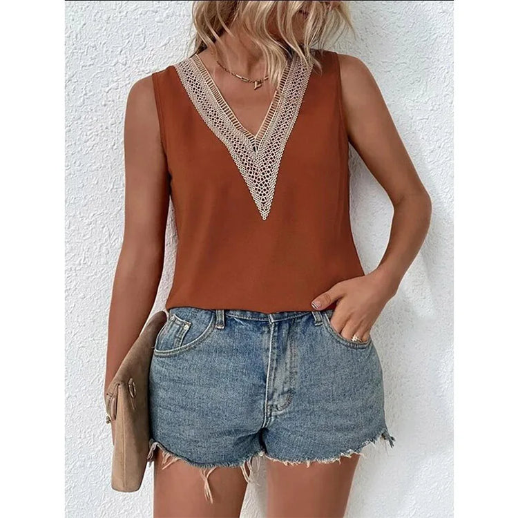 Sleeveless V-neck Lace Parchwork Blouse Women Loose Hollow Out Summer Tee Shirt Casual Streetwear Tsnk Top