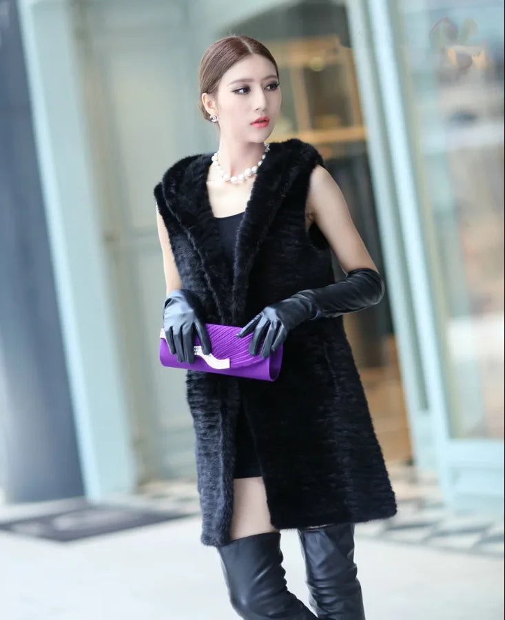 winter ladies fur vest genuine mink fur knitted warm outerwear with hood and belt  80cm long gray black autumn waistcoat