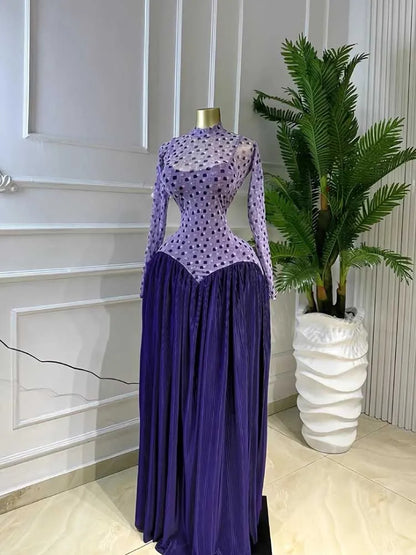 Female Clothing Spring Elegant and Chic Dress Patchwork Transparent Mesh Long Sleeve Pleated Maxi Dress High Waist