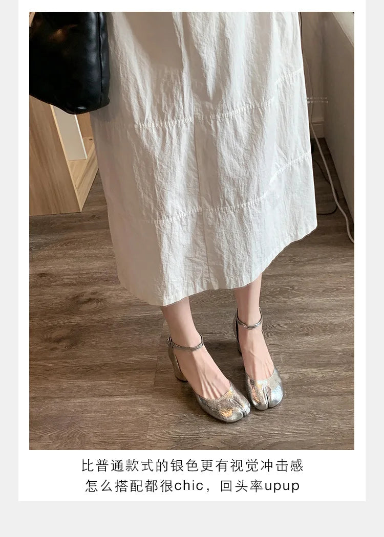 Modern Heels Pumps Women Round High Heel Leather Square Split Toe Pumps Shoes Spring Summer Sandals Mary Janes Shoes Heels Women