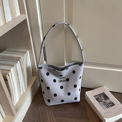 Korean Style Niche Linen Dot Shoulder Bag Women New Fashion Large Capacity Bucket Bag Casual Versatile Commuting Underarm Bag