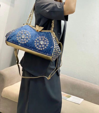 Denim Rhinestones Women Handbag Clutch Bag For Evening Party Chic Butterfly Decoration Ladies Denim  Shoulder Bag