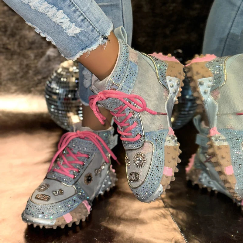 Women Rhinestone Casual Luxury Sneakers Diamond High-Top Designer Boots Thick Bottom Shoes Female Tennis Outdoors Walking Shoes