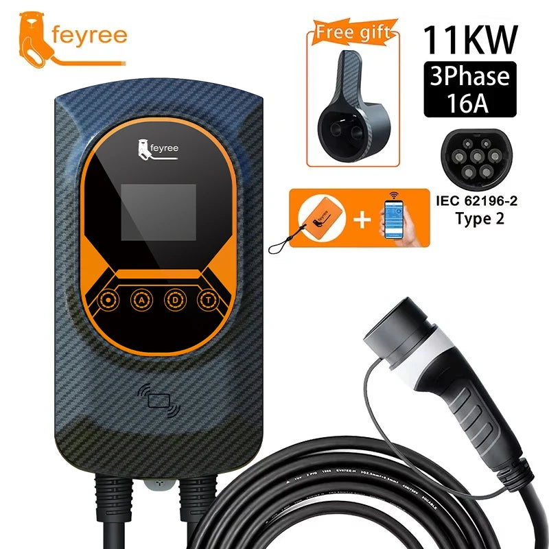 Feyree EV Charging Station 32A Electric Vehicle Car Charger EVSE Wallbox Wallmount 7.6/11/22KW Type2 Cable IEC62196 APP Control