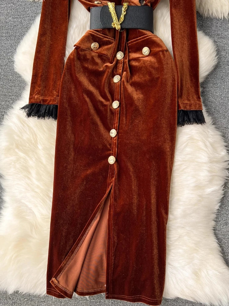 Autumn Winter Luxury Velvet Dress Women Clothing Notched Lion Metal Buttons Split Letter Belt Thick Velour Long Party Vestidos