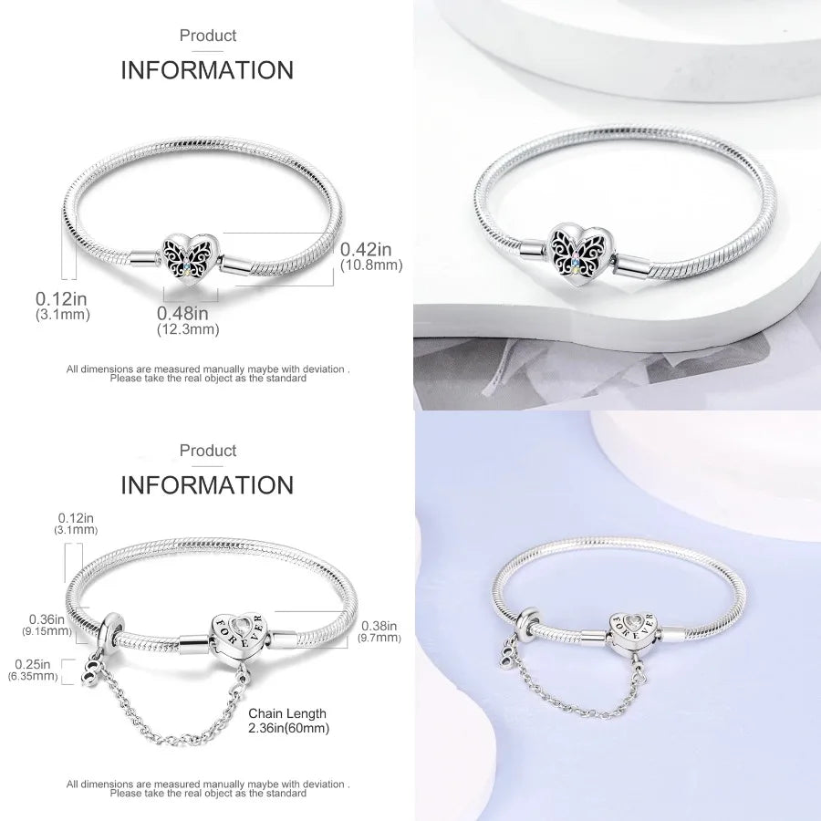 Silver 925 Bracelet Original Bracelets Colorful Zircon Heart Flower Cat Snake Chain For DIY Charms 17-20CM Luxury Jewelry Gifts