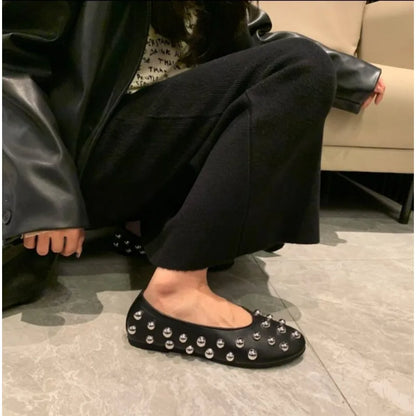 New Rivet Round Head Flat Shoes Luxury Black Leather Sandal Ballet Sandals Silver Ball Metal Hollow Mary Jane Shoes 35-42