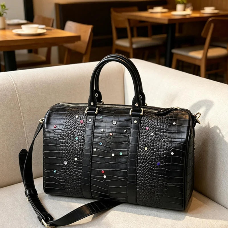 Luxury Large-capacity Travel Handbag For Women Versatile Crocodile Pattern Crossbody Bag Fashion Diamond Design Commuter Bag