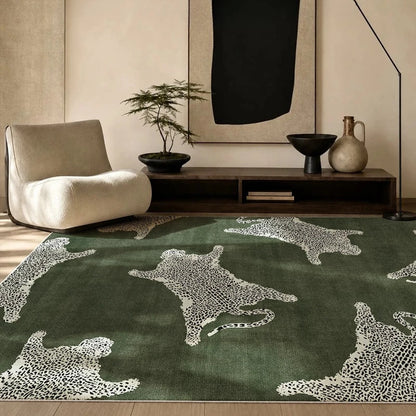 Large Area Bedroom Decor Green Carpet Retro Style Rugs for Bedroom Washable Lounge Leopard Print Floor Mat Anti-slip Bedside Rug