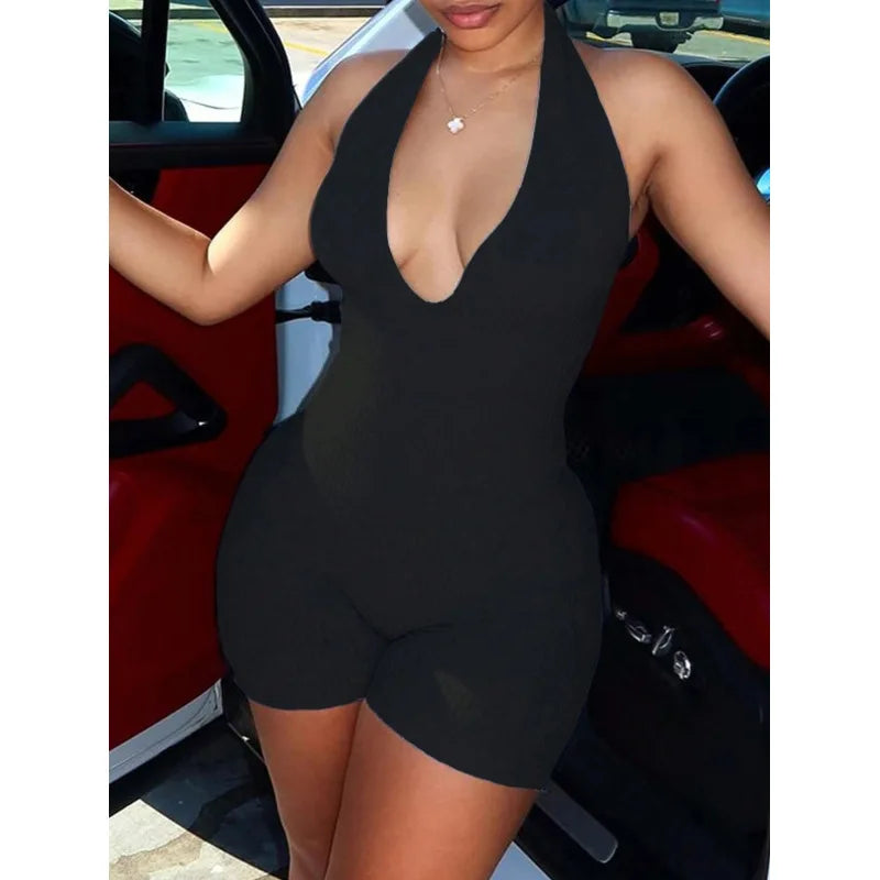 2026 New Arrival Women Black Halter Neck Romper, Deep V Neck Backless Short Jumpsuit, Y2K Sexy Bodycon Playsuit for Club Party