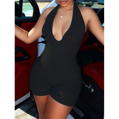 2026 New Arrival Women Black Halter Neck Romper, Deep V Neck Backless Short Jumpsuit, Y2K Sexy Bodycon Playsuit for Club Party