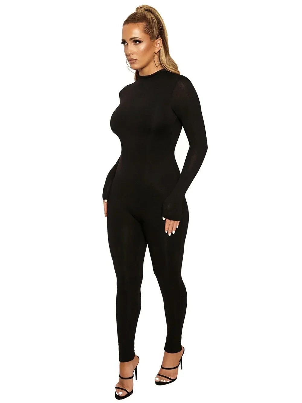 solid black/gray long sleeve skiing jumpsuit women elastic hight outfit fashion fitness sportwear slim rompers streetwear