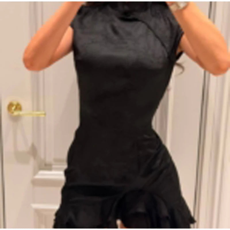 Elegant Satin Irregular Ruffle Hem Mini Dress Women Solid Stand Collar Short Sleeve Slim Dressess 2026 Lady Party Evening Gown