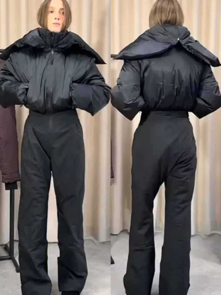 Fashion Hooded One-Piece Ski Jumpsuit Women Stand Collar Zipper High Waist Solid Windproof Outwear 2026 Winter Lady Skiwears New