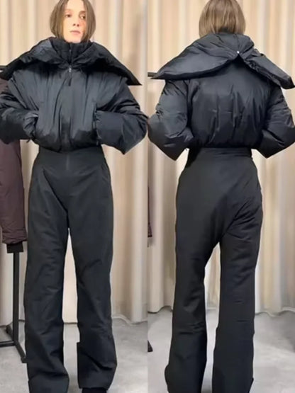 Fashion Hooded One-Piece Ski Jumpsuit Women Stand Collar Zipper High Waist Solid Windproof Outwear 2026 Winter Lady Skiwears New