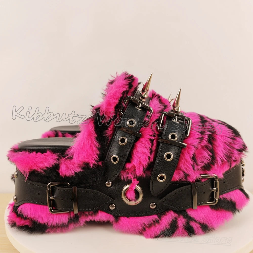Furry Sandals Platform Rock Novelty Round Toe Thick Bottom Spicy Girl Shoes Punk Rivets Slipper Fashion Luxury Elegant Concise