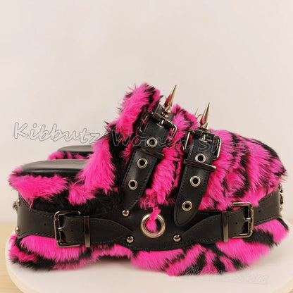 Furry Sandals Platform Rock Novelty Round Toe Thick Bottom Spicy Girl Shoes Punk Rivets Slipper Fashion Luxury Elegant Concise