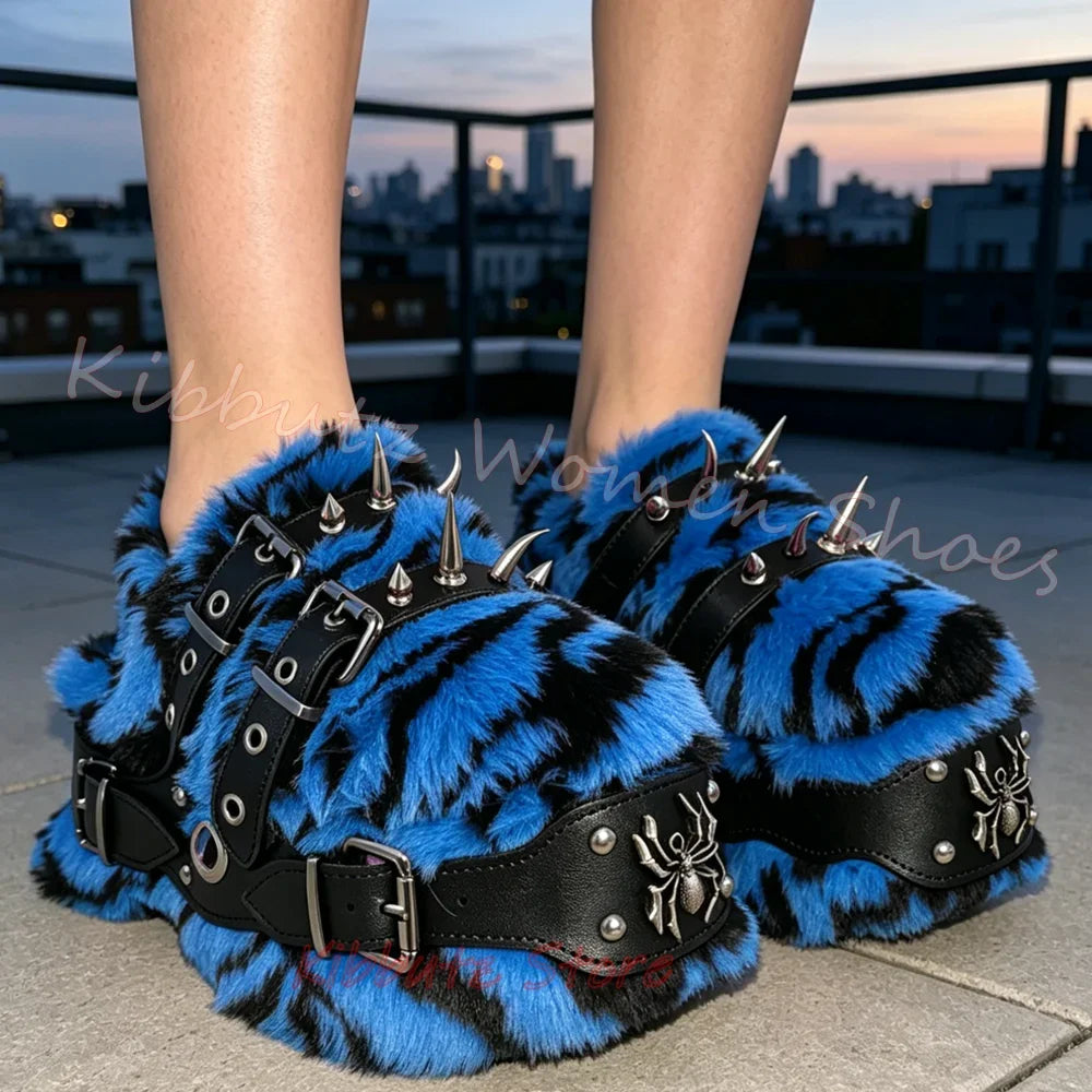 Furry Sandals Platform Rock Novelty Round Toe Thick Bottom Spicy Girl Shoes Punk Rivets Slipper Fashion Luxury Elegant Concise