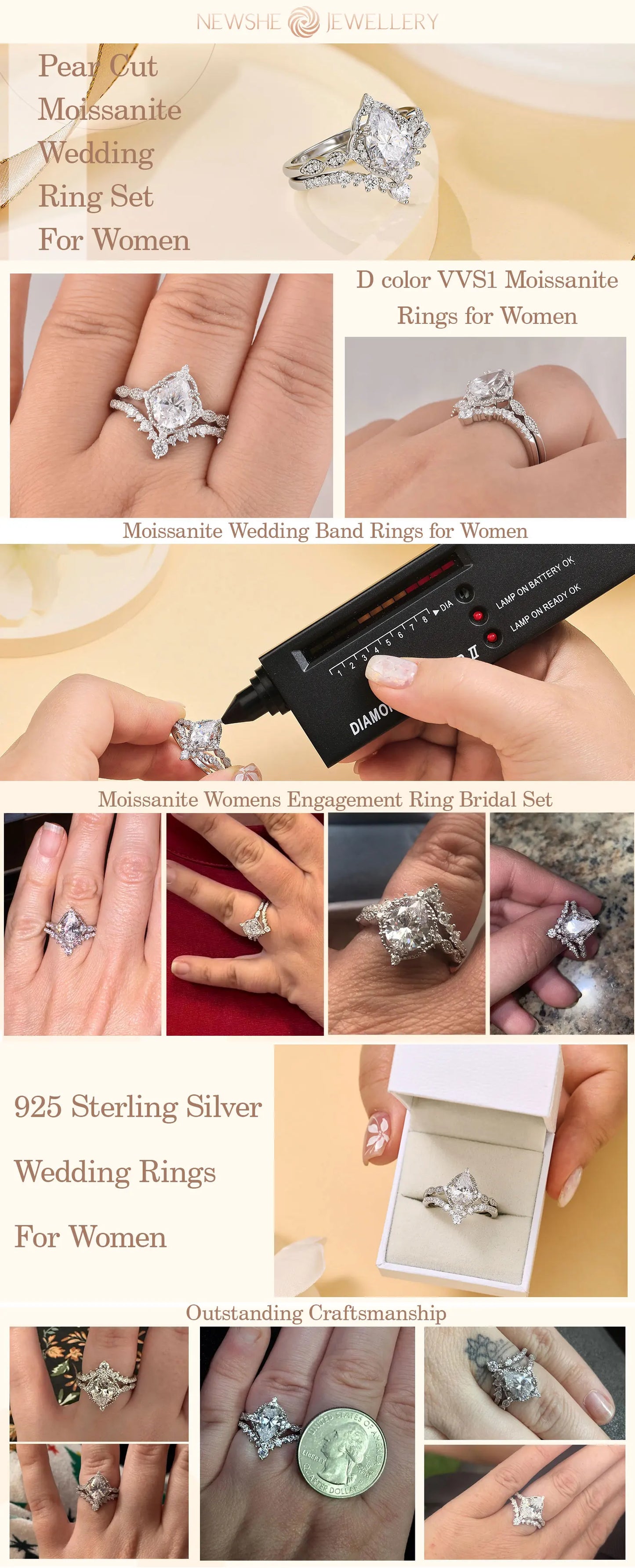 Newshe Moissanite Wedding Rings for Women 925 Sterling Silver Engagement Ring Bridal Set Pear Teardrop Shaped Wish Band