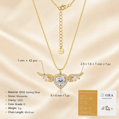 Angel Wings Heart Moissanite Pendant Necklace Baguette Cut S925 Sterling Silver D Color VVS1 GRA Certified Gift for Women