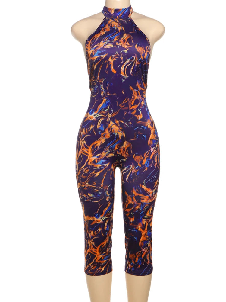 Kliou Colorful Print Playsuits Woman Bandage Halter Backless Skinny Peach Hip Female Midnight Club Party Sexy Fashion Rompers