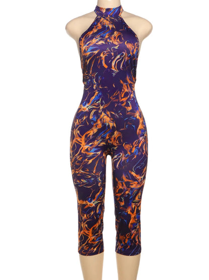 Kliou Colorful Print Playsuits Woman Bandage Halter Backless Skinny Peach Hip Female Midnight Club Party Sexy Fashion Rompers