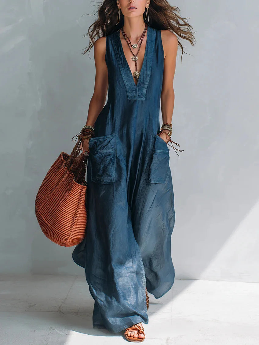 Summer Sleeveless Cotton Linen Jumpsuit Women V Neck Loose Wide Leg Pants Double Pocket Jumpsuit Casual Commuting Bodysuits