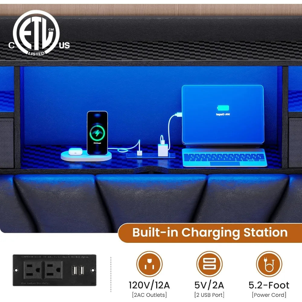 Platform Bed with Storage, Gaming Features and Charging Station, Leather Upholstered, Without Box Spring, Black