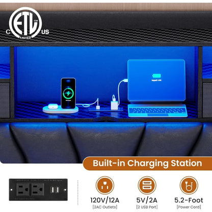 Platform Bed with Storage, Gaming Features and Charging Station, Leather Upholstered, Without Box Spring, Black